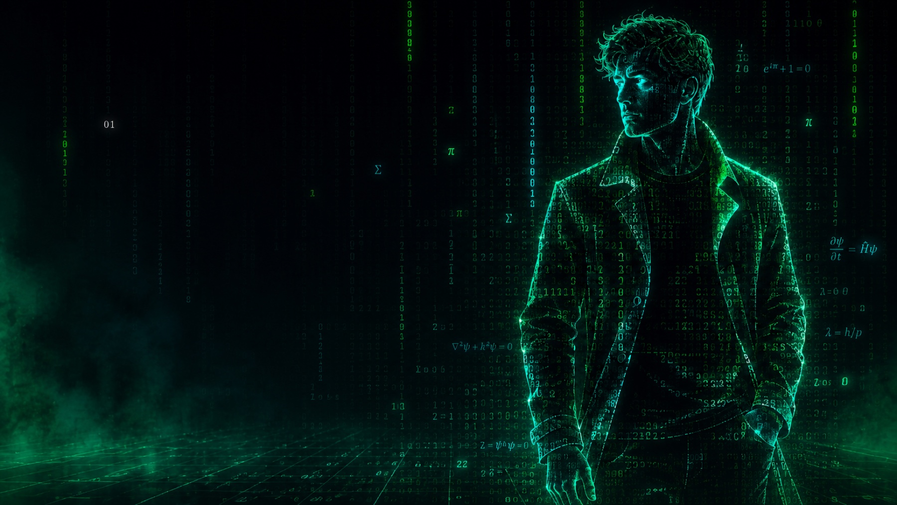 Lelaki dibentuk daripada kod digital dan formula matematik, tema matrix