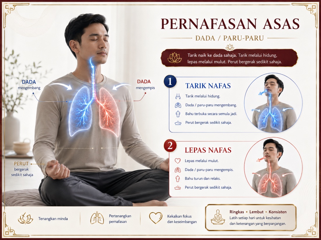Panduan visual latihan Pernafasan Asas yang berfokus pada dada dan paru-paru
