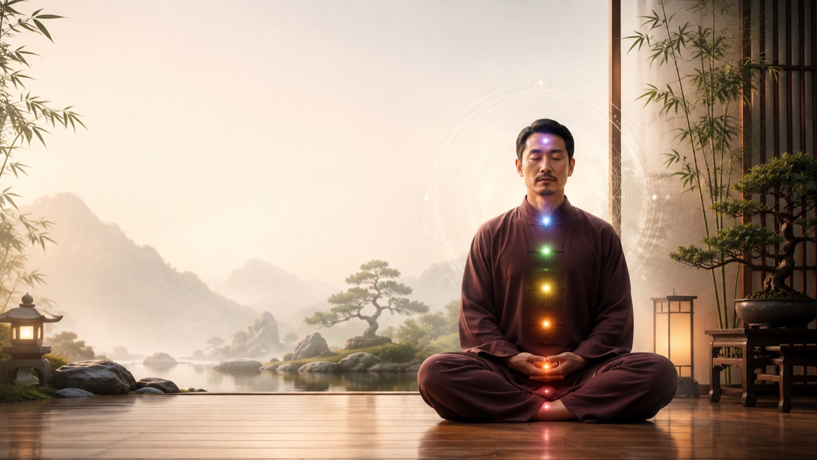 Suasana zen dengan lelaki berpakaian lengkap sedang bermeditasi